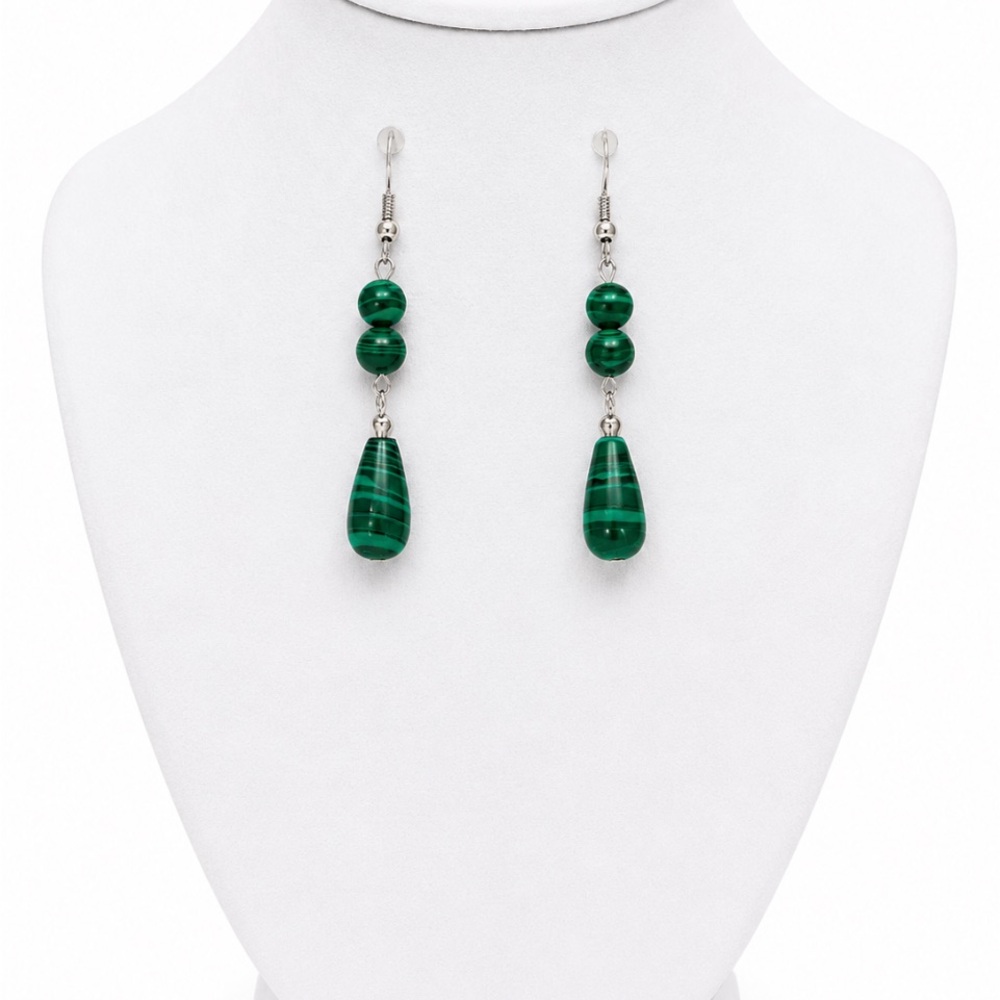 Malachite Green Beaded Teardrop Dangle Earrings – Silver Tone